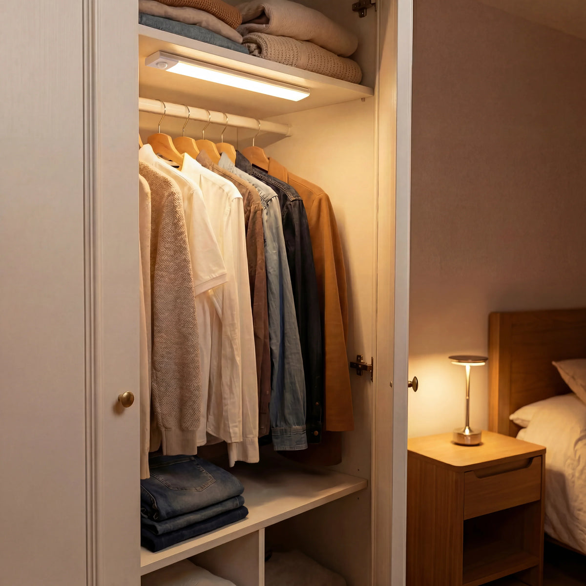 ECLARA LED bar installed in a wardrobe lighting shirts and jeans, cordless rechargeable bedroom lamp