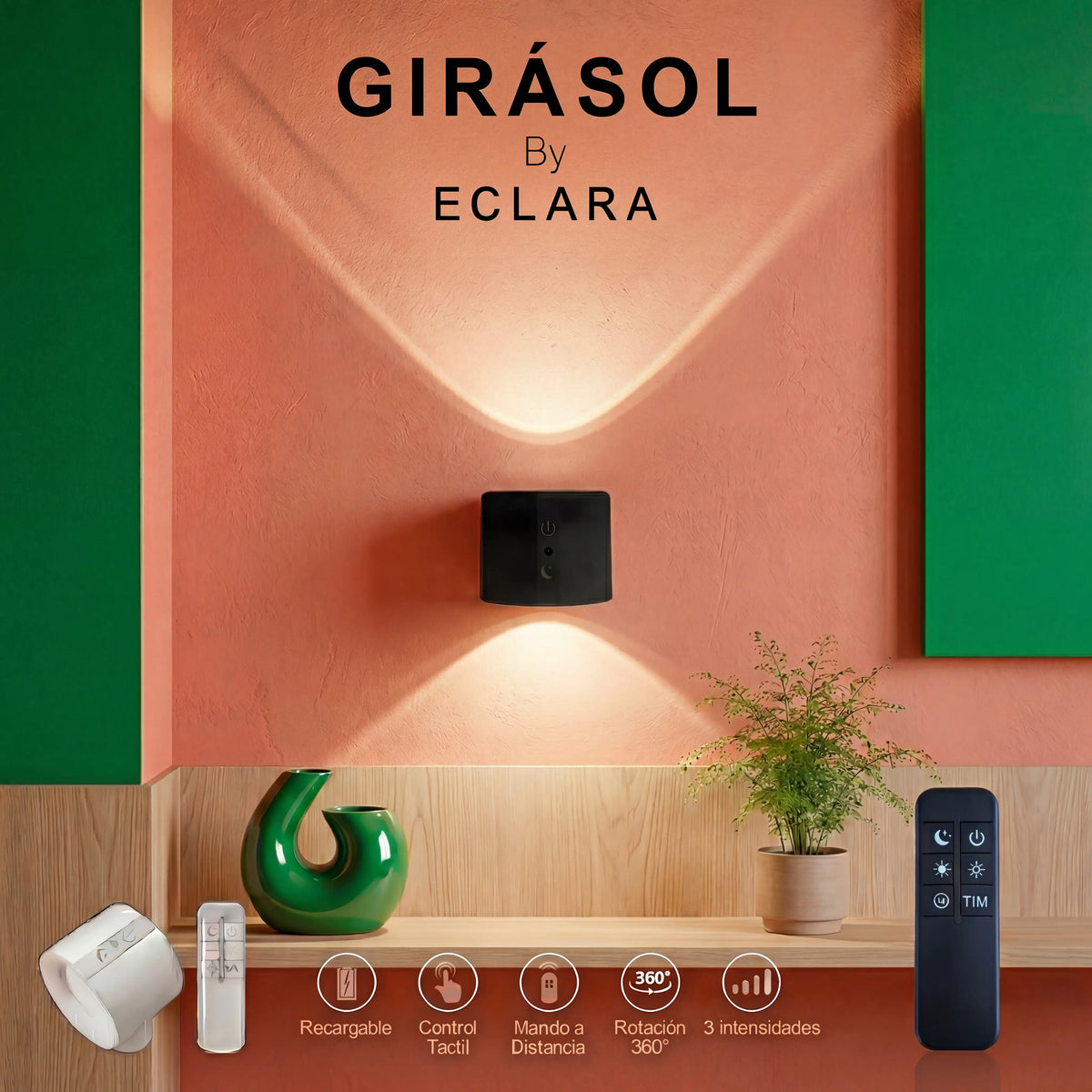 ECLARA GIRASOL cordless LED wall light, easy no-drill installation, USB-C rechargeable, 360° rotation and remote control