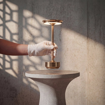 ECLARA ILUMINA cordless LED table lamp, Scandinavian design in gold metal, USB-C rechargeable, portable and cordless for the living room or restaurant