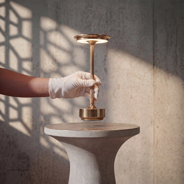 ECLARA ILUMINA cordless LED table lamp, Scandinavian design in gold metal, USB-C rechargeable, portable and cordless for the living room or restaurant