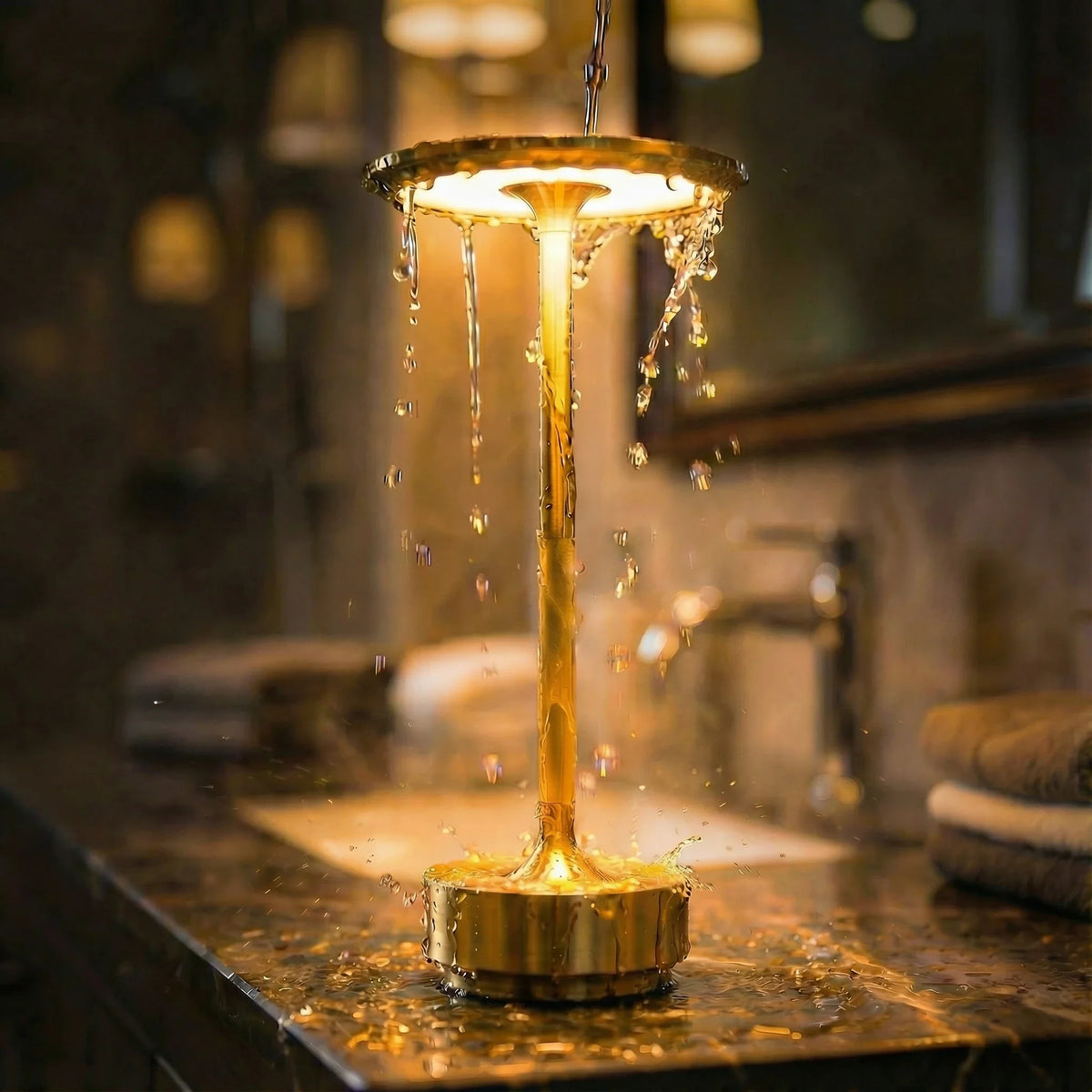 Gold water-resistant Eclara Ilumina cordless table lamp lit on a marble basin in a luxury bathroom