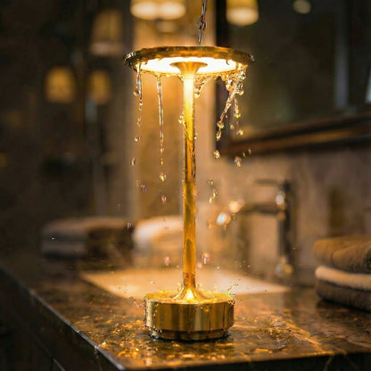 Gold water-resistant Eclara Ilumina cordless table lamp lit on a marble basin in a luxury bathroom