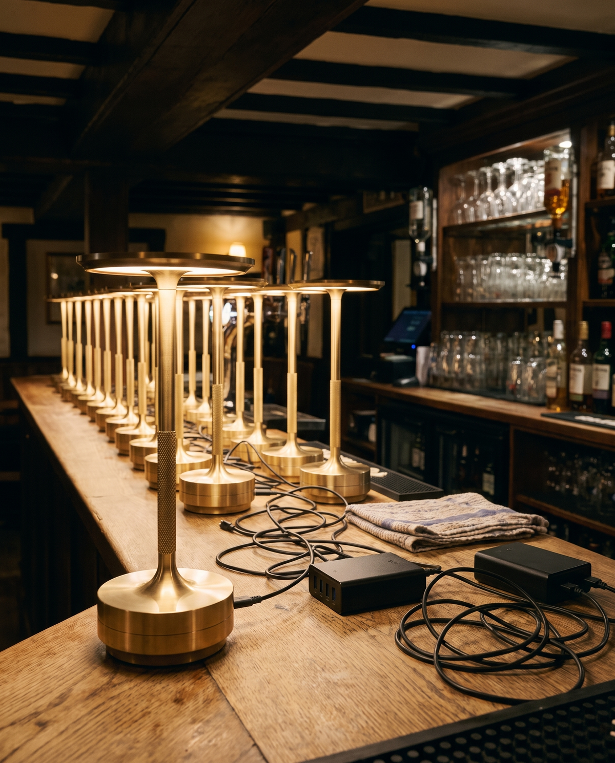 Twenty Eclara Ilumina cordless table lamps charging overnight on a pub back bar with ordinary USB-C cables and multi-port chargers