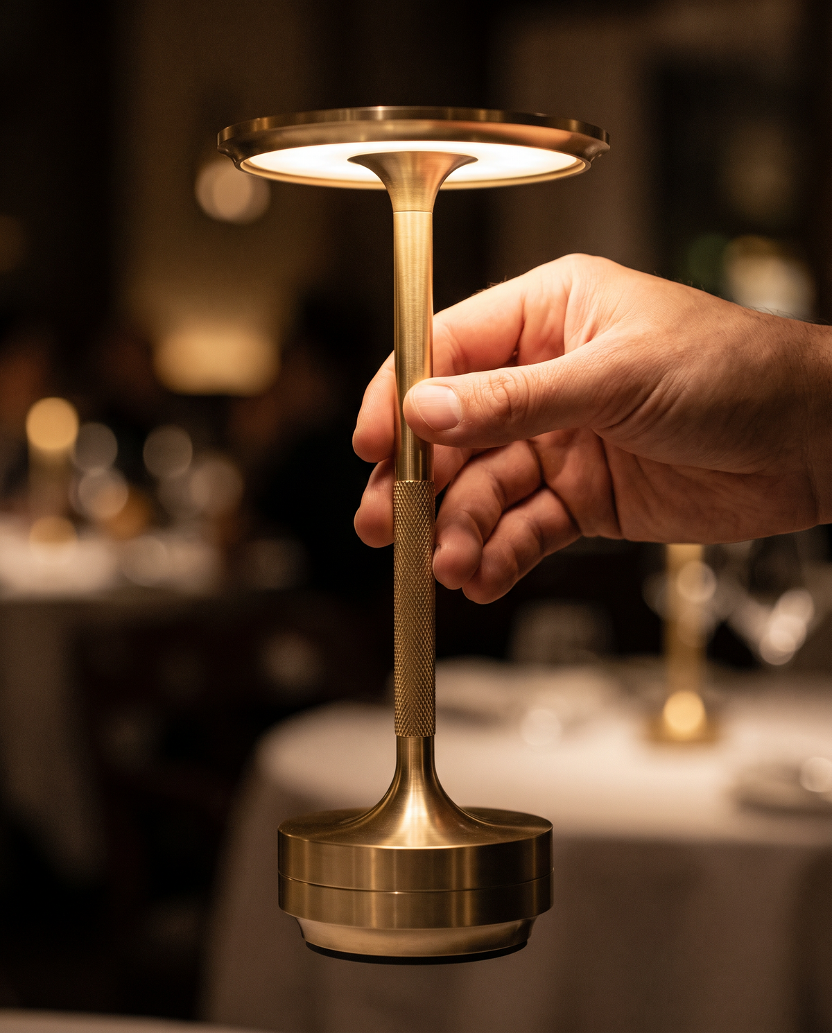 Close detail of the knurled machined brass stem of the Eclara Ilumina cordless table lamp held in the hand