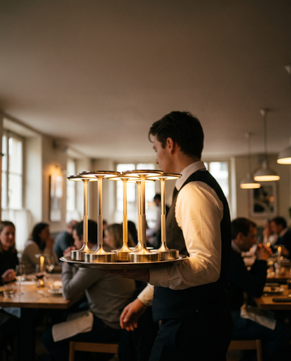 Waiter carrying six lit Eclara Ilumina cordless lamps on a tray through a busy restaurant at the start of service