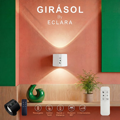 ECLARA GIRASOL cordless LED wall light, easy no-drill installation, USB-C rechargeable, 360° rotation and remote control