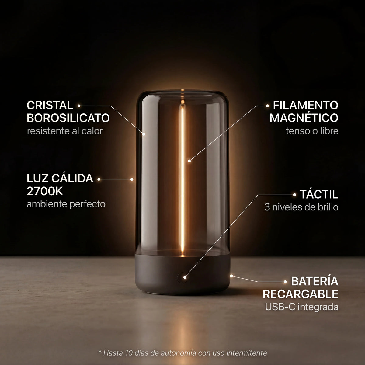 Eclara Filum magnetic filament lamp with suspended LED filament, cordless and rechargeable
