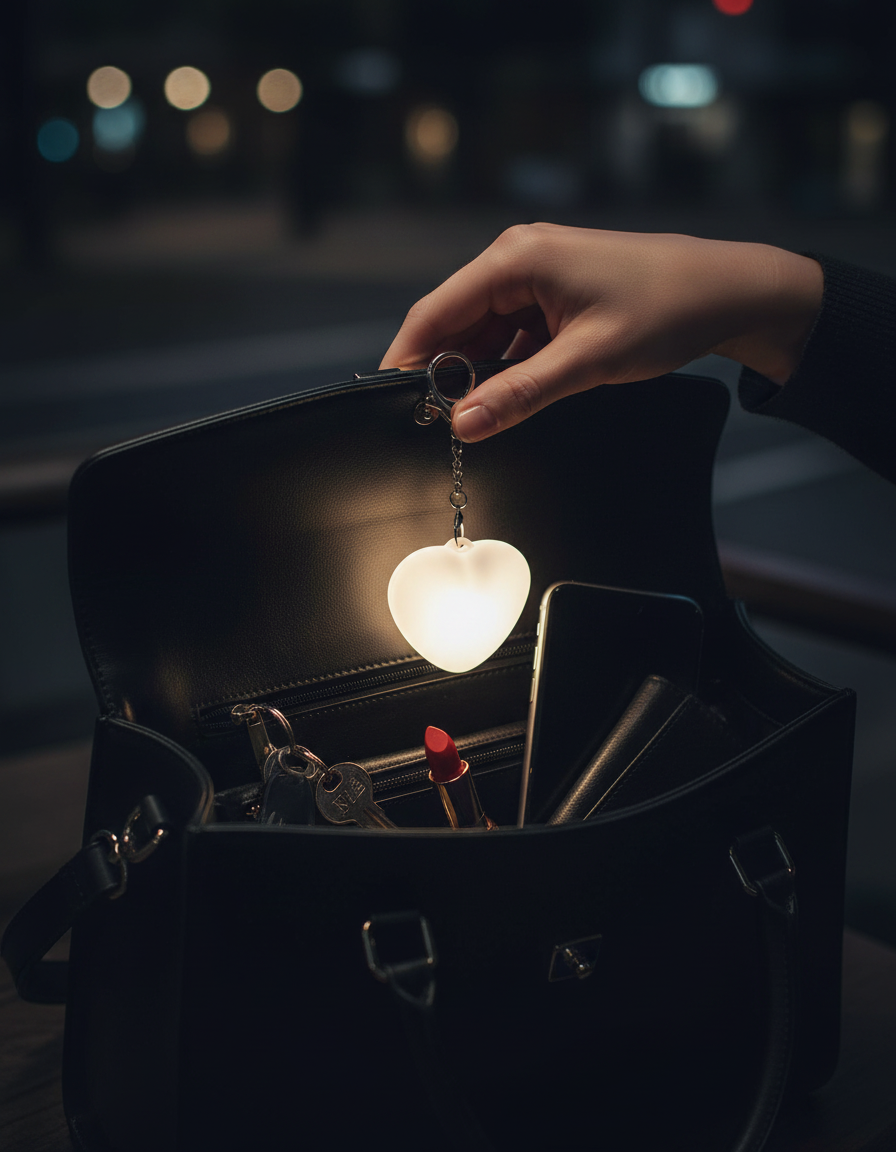 Heart light glowing to reveal keys, phone and lipstick inside a dark handbag at night