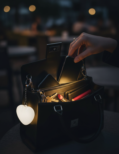Heart light clipped on a handbag illuminating the interior in the evening
