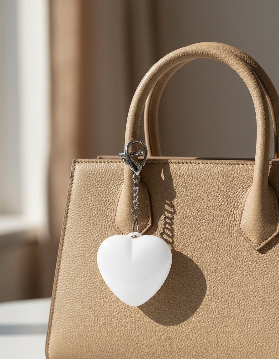 Heart light clipped as a decorative charm on a beige leather handbag in daylight