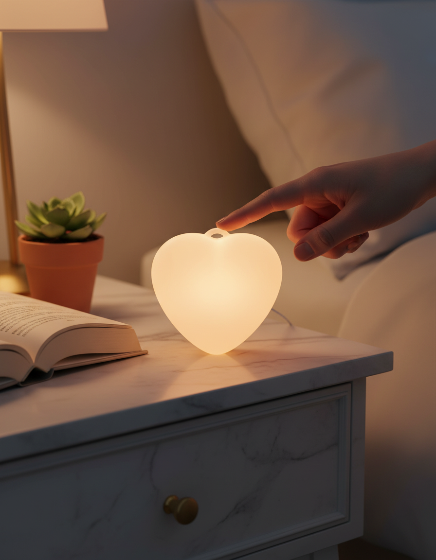 Fingertip touching the glowing heart light on a bedside table as an ambient night light