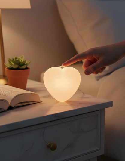 Fingertip touching the glowing heart light on a bedside table as an ambient night light