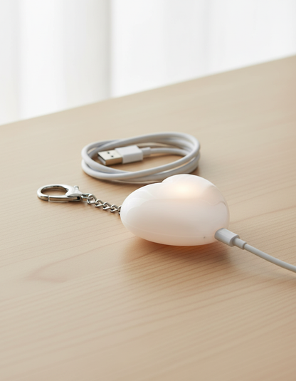 Heart light being charged with a USB-C cable, showing rechargeable design