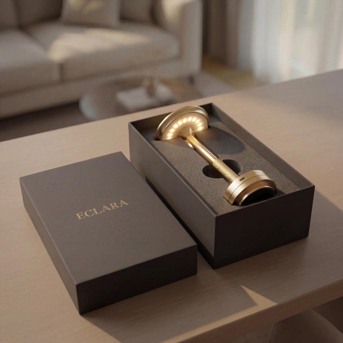 Eclara Ilumina rechargeable cordless table lamp, gold finish, premium Nordic design