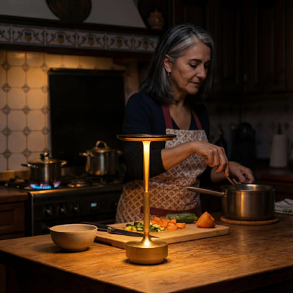 Gold Eclara Ilumina rechargeable table lamp on a wooden kitchen table with fresh vegetables and a lit hob in the background