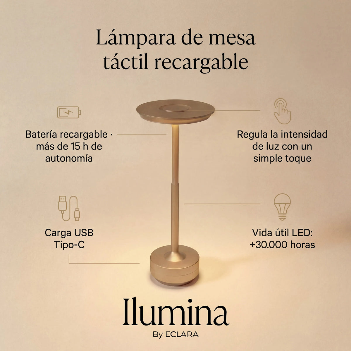 Eclara Ilumina rechargeable touch table lamp in gold, over 17 hours of battery life, USB-C charging and 30,000-hour LED lifespan