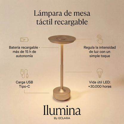 Eclara Ilumina rechargeable touch table lamp in gold, over 17 hours of battery life, USB-C charging and 30,000-hour LED lifespan