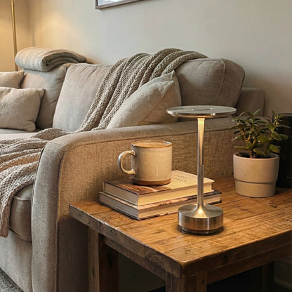 Gold Eclara Ilumina rechargeable table lamp on a wooden table in a living room with beige sofa, ochre mug and books